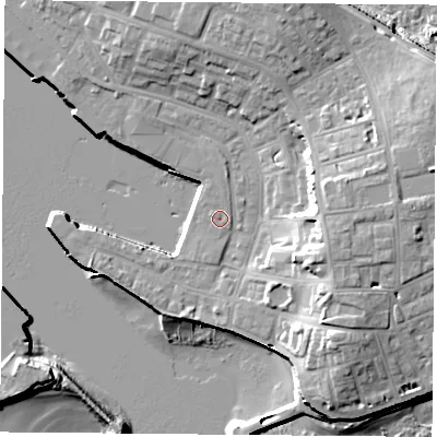 Shaded relief map of the ground around TS240RS, computed from Environment Agency LiDAR. The ground here sits at about 4 m above sea level and falls 17 m across the surrounding 800 m. The ground contributing surface water to this point lies to the north.