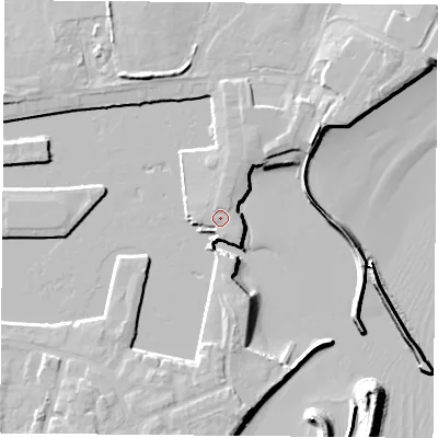 Shaded relief map of the ground around TS240RU, computed from Environment Agency LiDAR. The ground here sits at about 4 m above sea level and falls 11 m across the surrounding 800 m. Surface water reaching this point runs off ground lying to the north-north-east, 2.0 m higher.