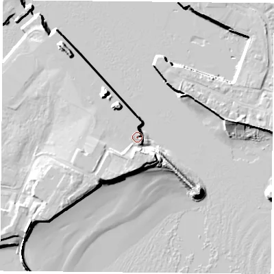 Shaded relief map of the ground around TS240RY, computed from Environment Agency LiDAR. The ground here sits at about 5 m above sea level and falls 12 m across the surrounding 800 m. Surface water reaching this point runs off ground lying to the south-south-east, 11.5 m higher.