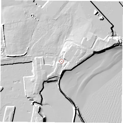 Shaded relief map of the ground around TS240SA, computed from Environment Agency LiDAR. The ground here sits at about 5 m above sea level and falls 12 m across the surrounding 800 m. Surface water reaching this point runs off ground lying to the east-north-east, 3.4 m higher.