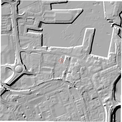 Shaded relief map of the ground around TS240SF, computed from Environment Agency LiDAR. The ground here sits at about 5 m above sea level and falls 16 m across the surrounding 800 m. Surface water reaching this point runs off ground lying to the south-south-east, 3.2 m higher.