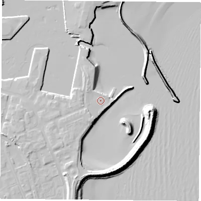 Shaded relief map of the ground around TS240SP, computed from Environment Agency LiDAR. The ground here sits at about 4 m above sea level and falls 11 m across the surrounding 800 m. Surface water reaching this point runs off ground lying to the south-south-west, 2.0 m higher.