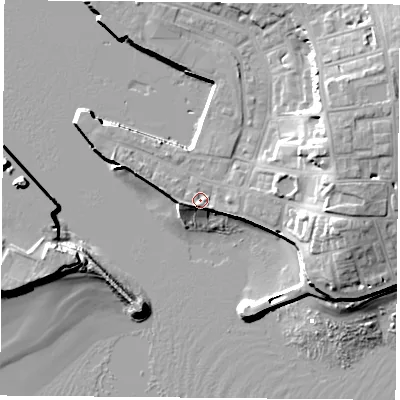 Shaded relief map of the ground around TS240SR, computed from Environment Agency LiDAR. The ground here sits at about 4 m above sea level and falls 16 m across the surrounding 800 m. Surface water reaching this point runs off ground lying to the east, 10.5 m higher.