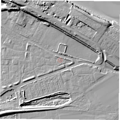 Shaded relief map of the ground around TS240SY, computed from Environment Agency LiDAR. The ground here sits at about 5 m above sea level and falls 19 m across the surrounding 800 m. Surface water reaching this point runs off ground lying to the north-north-east, 1.2 m higher.