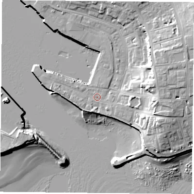 Shaded relief map of the ground around TS240TS, computed from Environment Agency LiDAR. The ground here sits at about 4 m above sea level and falls 16 m across the surrounding 800 m. Surface water reaching this point runs off ground lying to the east-south-east, 10.5 m higher.