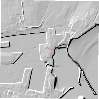 Shaded relief map of the ground around TS240UH, computed from Environment Agency LiDAR. The ground here sits at about 5 m above sea level and falls 11 m across the surrounding 800 m. Surface water reaching this point runs off ground lying to the north, 0.6 m higher.