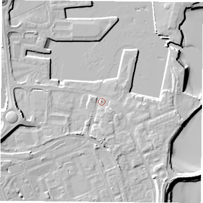 Shaded relief map of the ground around TS240XF, computed from Environment Agency LiDAR. The ground here sits at about 5 m above sea level and falls 14 m across the surrounding 800 m. Surface water reaching this point runs off ground lying to the south-east, 2.0 m higher.