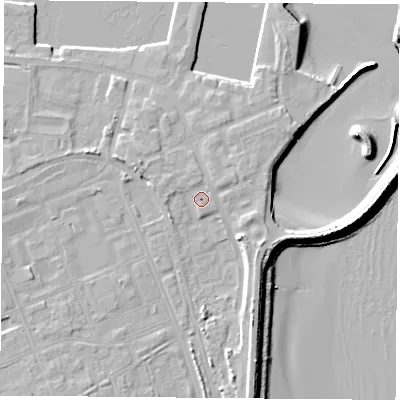 Shaded relief map of the ground around TS240XH, computed from Environment Agency LiDAR. The ground here sits at about 6 m above sea level and falls 11 m across the surrounding 800 m. Surface water reaching this point runs off ground lying to the north-north-west, 2.3 m higher.