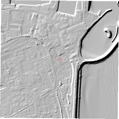 Shaded relief map of the ground around TS240XJ, computed from Environment Agency LiDAR. The ground here sits at about 5 m above sea level and falls 11 m across the surrounding 800 m. Surface water reaching this point runs off ground lying to the west-south-west, 3.0 m higher.