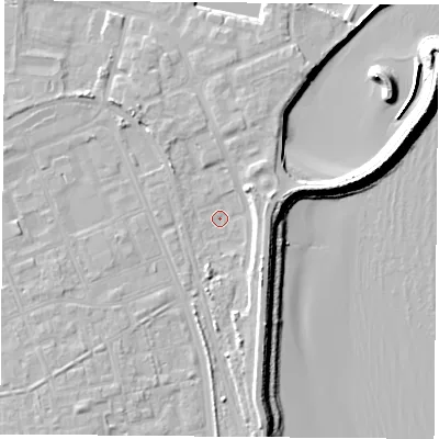 Shaded relief map of the ground around TS240XL, computed from Environment Agency LiDAR. The ground here sits at about 4 m above sea level and falls 11 m across the surrounding 800 m. Surface water reaching this point runs off ground lying to the south-west, 5.0 m higher.