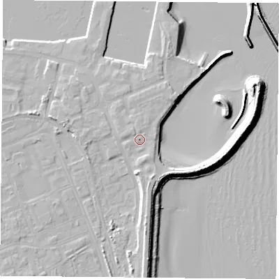 Shaded relief map of the ground around TS240XP, computed from Environment Agency LiDAR. The ground here sits at about 6 m above sea level and falls 11 m across the surrounding 800 m. Surface water reaching this point runs off ground lying to the north, 0.9 m higher.