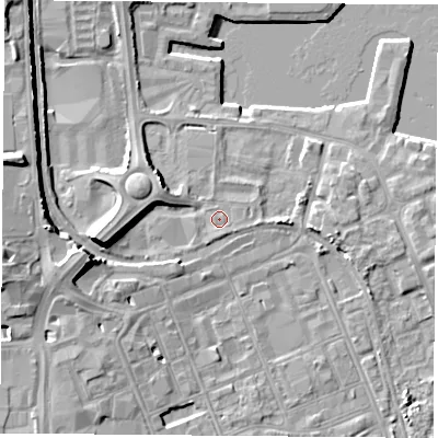 Shaded relief map of the ground around TS240XS, computed from Environment Agency LiDAR. The ground here sits at about 6 m above sea level and falls 14 m across the surrounding 800 m. Surface water reaching this point runs off ground lying to the south-south-east, 1.0 m higher.