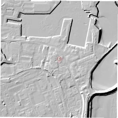 Shaded relief map of the ground around TS240XY, computed from Environment Agency LiDAR. The ground here sits at about 6 m above sea level and falls 12 m across the surrounding 800 m. Surface water reaching this point runs off ground lying to the north-west, 0.9 m higher.