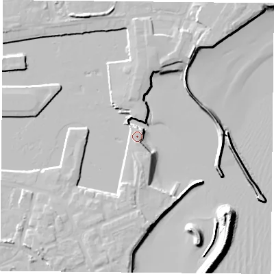 Shaded relief map of the ground around TS240YB, computed from Environment Agency LiDAR. The ground here sits at about 4 m above sea level and falls 11 m across the surrounding 800 m. Surface water reaching this point runs off ground lying to the east, 1.4 m higher.