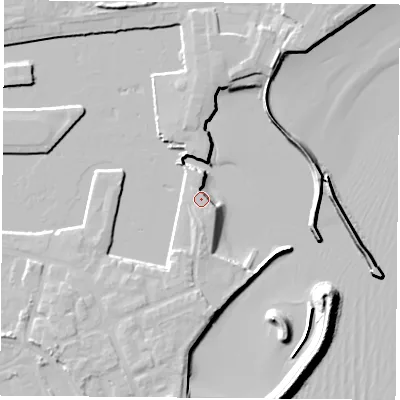 Shaded relief map of the ground around TS240YD, computed from Environment Agency LiDAR. The ground here sits at about 5 m above sea level and falls 11 m across the surrounding 800 m. Surface water reaching this point runs off ground lying to the south, 1.3 m higher.