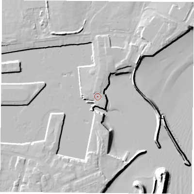 Shaded relief map of the ground around TS240YF, computed from Environment Agency LiDAR. The ground here sits at about 4 m above sea level and falls 11 m across the surrounding 800 m. Surface water reaching this point runs off ground lying to the north, 2.0 m higher.