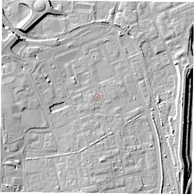 Shaded relief map of the ground around TS247AF, computed from Environment Agency LiDAR. The ground here sits at about 6 m above sea level and falls 14 m across the surrounding 800 m. Surface water reaching this point runs off ground lying to the south-south-west, 1.2 m higher.
