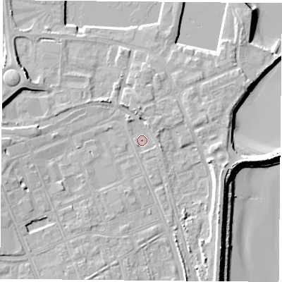 Shaded relief map of the ground around TS247AJ, computed from Environment Agency LiDAR. The ground here sits at about 5 m above sea level and falls 13 m across the surrounding 800 m. Surface water reaching this point runs off ground lying to the west, 4.6 m higher.