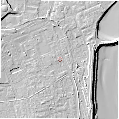 Shaded relief map of the ground around TS247AL, computed from Environment Agency LiDAR. The ground here sits at about 5 m above sea level and falls 13 m across the surrounding 800 m. Surface water reaching this point runs off ground lying to the south-west, 4.1 m higher.