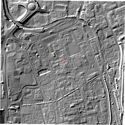 Shaded relief map of the ground around TS247AP, computed from Environment Agency LiDAR. The ground here sits at about 6 m above sea level and falls 10 m across the surrounding 800 m. Surface water reaching this point runs off ground lying to the west-south-west, 2.0 m higher.