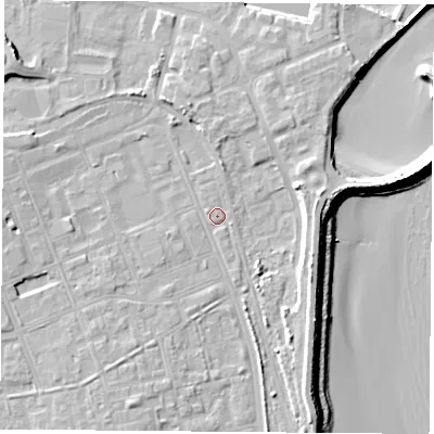 Shaded relief map of the ground around TS247AQ, computed from Environment Agency LiDAR. The ground here sits at about 5 m above sea level and falls 12 m across the surrounding 800 m. Surface water reaching this point runs off ground lying to the west-south-west, 2.7 m higher.