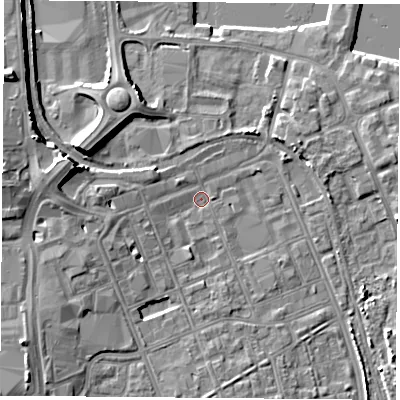 Shaded relief map of the ground around TS247AS, computed from Environment Agency LiDAR. The ground here sits at about 5 m above sea level and falls 13 m across the surrounding 800 m. Surface water reaching this point runs off ground lying to the west-north-west, 9.9 m higher.