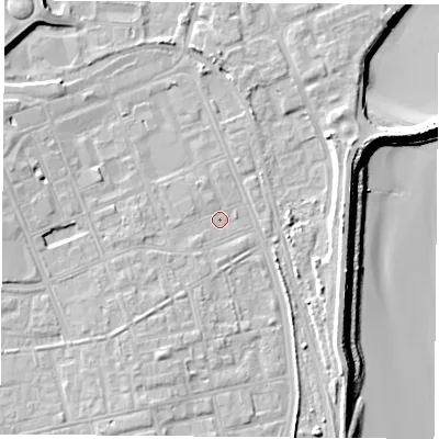 Shaded relief map of the ground around TS247AX, computed from Environment Agency LiDAR. The ground here sits at about 5 m above sea level and falls 13 m across the surrounding 800 m. Surface water reaching this point runs off ground lying to the south-south-west, 5.0 m higher.