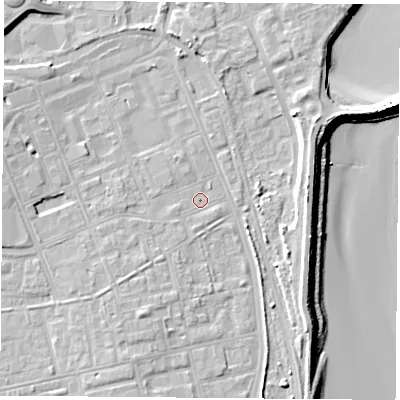 Shaded relief map of the ground around TS247BA, computed from Environment Agency LiDAR. The ground here sits at about 5 m above sea level and falls 12 m across the surrounding 800 m. Surface water reaching this point runs off ground lying to the south-south-west, 5.0 m higher.