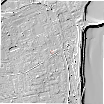 Shaded relief map of the ground around TS247BB, computed from Environment Agency LiDAR. The ground here sits at about 6 m above sea level and falls 13 m across the surrounding 800 m. Surface water reaching this point runs off ground lying to the south-south-west, 4.9 m higher.