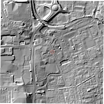 Shaded relief map of the ground around TS247BW, computed from Environment Agency LiDAR. The ground here sits at about 8 m above sea level and falls 11 m across the surrounding 800 m. Surface water reaching this point runs off ground lying to the west-north-west, 1.6 m higher.