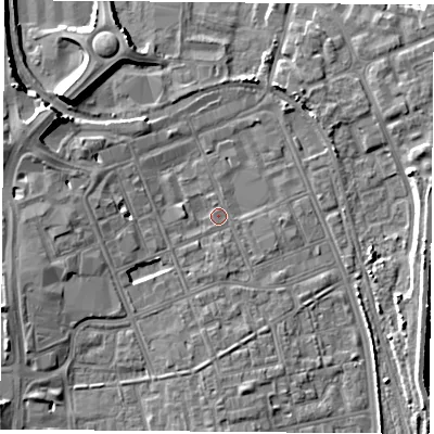Shaded relief map of the ground around TS247BY, computed from Environment Agency LiDAR. The ground here sits at about 6 m above sea level and falls 11 m across the surrounding 800 m. Surface water reaching this point runs off ground lying to the west-south-west, 2.2 m higher.