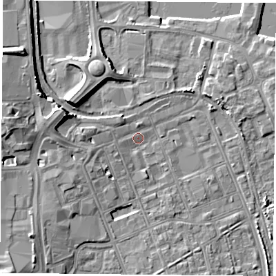 Shaded relief map of the ground around TS247DH, computed from Environment Agency LiDAR. The ground here sits at about 6 m above sea level and falls 14 m across the surrounding 800 m. Surface water reaching this point runs off ground lying to the west-north-west, 9.7 m higher.
