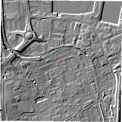 Shaded relief map of the ground around TS247DJ, computed from Environment Agency LiDAR. The ground here sits at about 5 m above sea level and falls 12 m across the surrounding 800 m. Surface water reaching this point runs off ground lying to the west, 8.8 m higher.