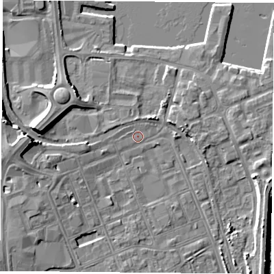 Shaded relief map of the ground around TS247DN, computed from Environment Agency LiDAR. The ground here sits at about 5 m above sea level and falls 12 m across the surrounding 800 m. Surface water reaching this point runs off ground lying to the west, 2.2 m higher.