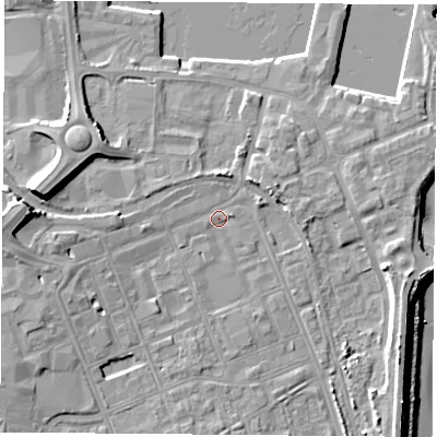 Shaded relief map of the ground around TS247DR, computed from Environment Agency LiDAR. The ground here sits at about 5 m above sea level and falls 15 m across the surrounding 800 m. Surface water reaching this point runs off ground lying to the west, 9.1 m higher.