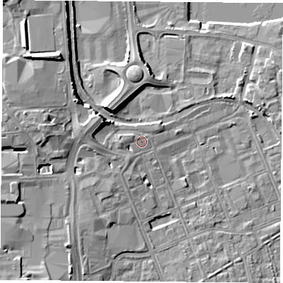 Shaded relief map of the ground around TS247EB, computed from Environment Agency LiDAR. The ground here sits at about 8 m above sea level and falls 14 m across the surrounding 800 m. Surface water reaching this point runs off ground lying to the west-north-west, 6.7 m higher.