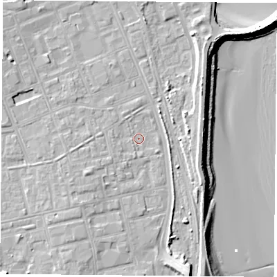 Shaded relief map of the ground around TS247HY, computed from Environment Agency LiDAR. The ground here sits at about 5 m above sea level and falls 14 m across the surrounding 800 m. Surface water reaching this point runs off ground lying to the south-west, 2.3 m higher.