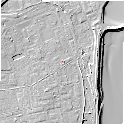 Shaded relief map of the ground around TS247JA, computed from Environment Agency LiDAR. The ground here sits at about 6 m above sea level and falls 13 m across the surrounding 800 m. Surface water reaching this point runs off ground lying to the south-south-west, 4.9 m higher.