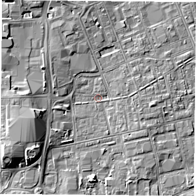 Shaded relief map of the ground around TS247JL, computed from Environment Agency LiDAR. The ground here sits at about 6 m above sea level and falls 9 m across the surrounding 800 m. Surface water reaching this point runs off ground lying to the west-south-west, 6.5 m higher.