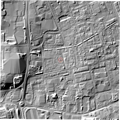 Shaded relief map of the ground around TS247JP, computed from Environment Agency LiDAR. The ground here sits at about 6 m above sea level and falls 9 m across the surrounding 800 m. Surface water reaching this point runs off ground lying to the west-south-west, 6.5 m higher.