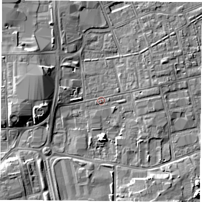Shaded relief map of the ground around TS247JW, computed from Environment Agency LiDAR. The ground here sits at about 7 m above sea level and falls 8 m across the surrounding 800 m. Surface water reaching this point runs off ground lying to the west, 7.6 m higher.