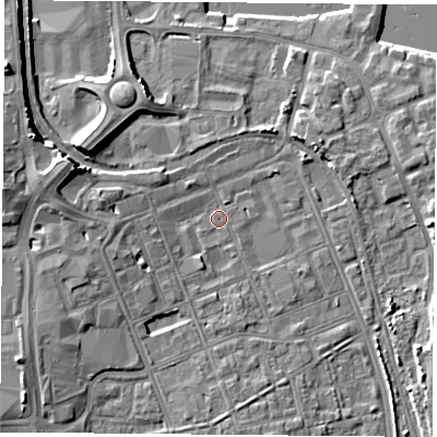 Shaded relief map of the ground around TS247JZ, computed from Environment Agency LiDAR. The ground here sits at about 6 m above sea level and falls 13 m across the surrounding 800 m. Surface water reaching this point runs off ground lying to the west-north-west, 8.7 m higher.