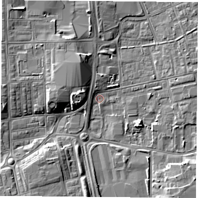 Shaded relief map of the ground around TS247LD, computed from Environment Agency LiDAR. The ground here sits at about 6 m above sea level and falls 8 m across the surrounding 800 m. Surface water reaching this point runs off ground lying to the west, 7.5 m higher.