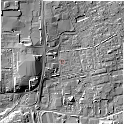 Shaded relief map of the ground around TS247LE, computed from Environment Agency LiDAR. The ground here sits at about 6 m above sea level and falls 8 m across the surrounding 800 m. Surface water reaching this point runs off ground lying to the west, 5.6 m higher.