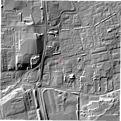 Shaded relief map of the ground around TS247LF, computed from Environment Agency LiDAR. The ground here sits at about 6 m above sea level and falls 8 m across the surrounding 800 m. Surface water reaching this point runs off ground lying to the west, 7.6 m higher.