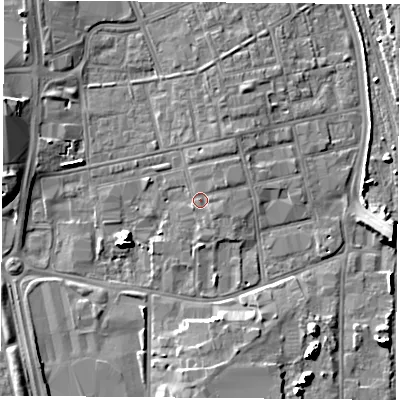 Shaded relief map of the ground around TS247LG, computed from Environment Agency LiDAR. The ground here sits at about 7 m above sea level and falls 9 m across the surrounding 800 m. Surface water reaching this point runs off ground lying to the east-north-east, 1.3 m higher.