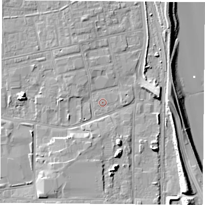 Shaded relief map of the ground around TS247LR, computed from Environment Agency LiDAR. The ground here sits at about 6 m above sea level and falls 17 m across the surrounding 800 m. The ground contributing surface water to this point lies to the south-east.
