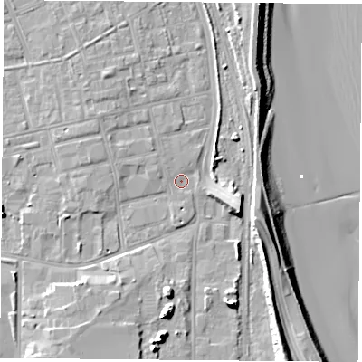 Shaded relief map of the ground around TS247LU, computed from Environment Agency LiDAR. The ground here sits at about 6 m above sea level and falls 15 m across the surrounding 800 m. Surface water reaching this point runs off ground lying to the west-north-west, 2.4 m higher.