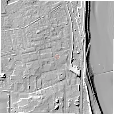 Shaded relief map of the ground around TS247LX, computed from Environment Agency LiDAR. The ground here sits at about 7 m above sea level and falls 15 m across the surrounding 800 m. Surface water reaching this point runs off ground lying to the west-north-west, 1.8 m higher.