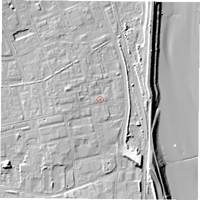 Shaded relief map of the ground around TS247LZ, computed from Environment Agency LiDAR. The ground here sits at about 7 m above sea level and falls 15 m across the surrounding 800 m. Surface water reaching this point runs off ground lying to the west-south-west, 2.2 m higher.